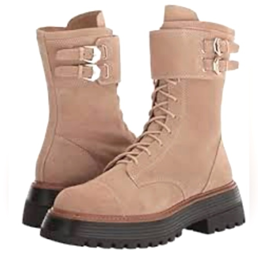 New without box Vince Camuto Tan Suede Monchia lace up lug sole boots size 5.5